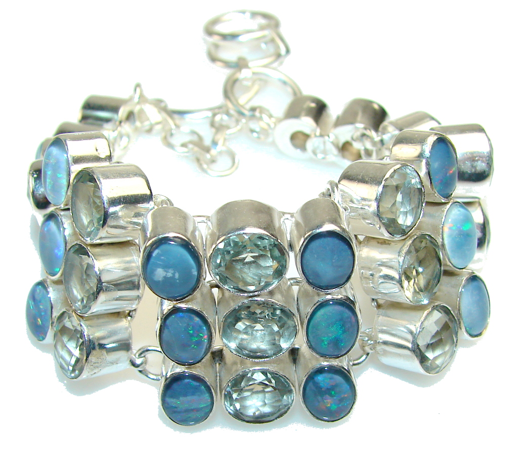 Delicate Blue Topaz and fire Opal Sterling Silver Bracelet