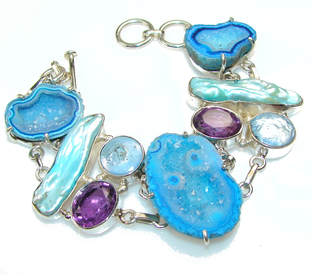 Unusal Style Of Agate Druzy Sterling Silver Bracelet