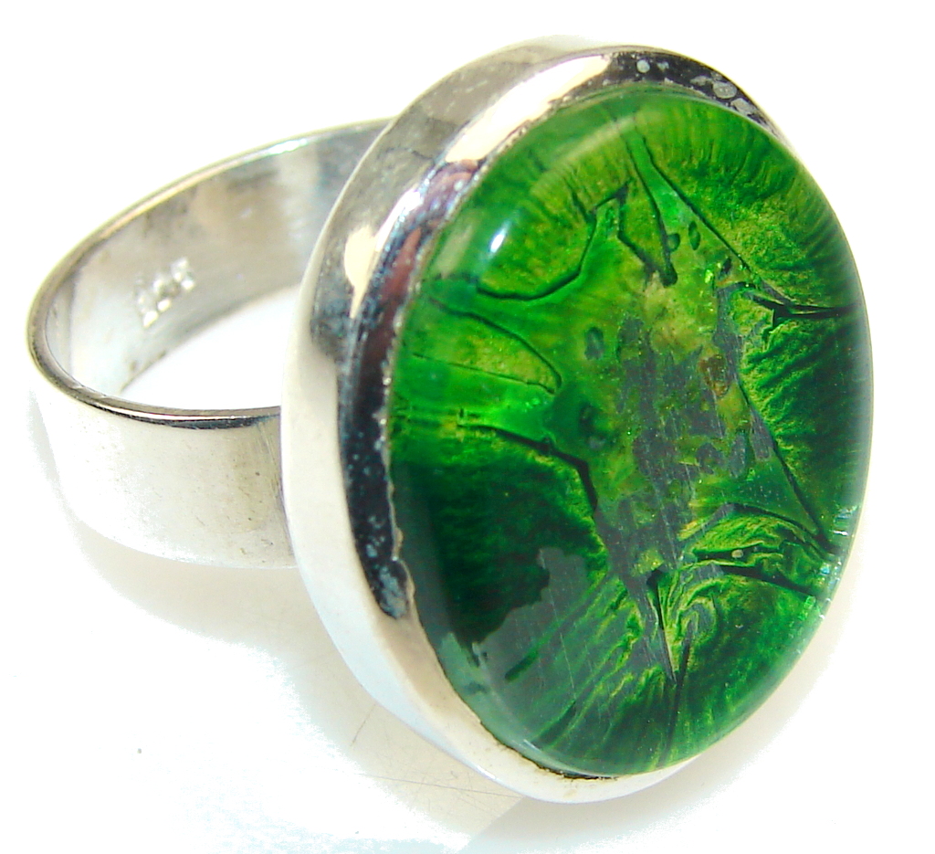 Excellent Green Dichroic Glass Sterling Silver ring s. 11