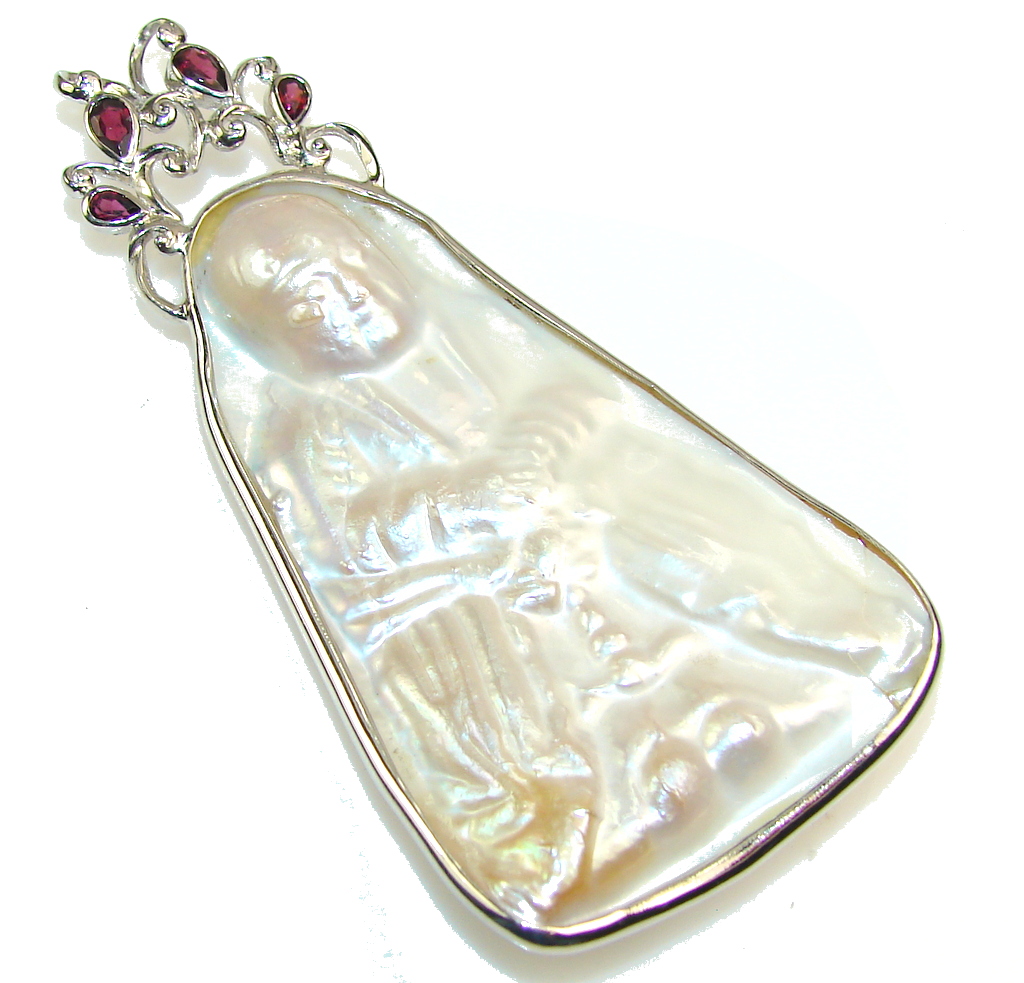 Huge!! New Contemplating Monk Mother Of Pearl Sterling Silver Pendant