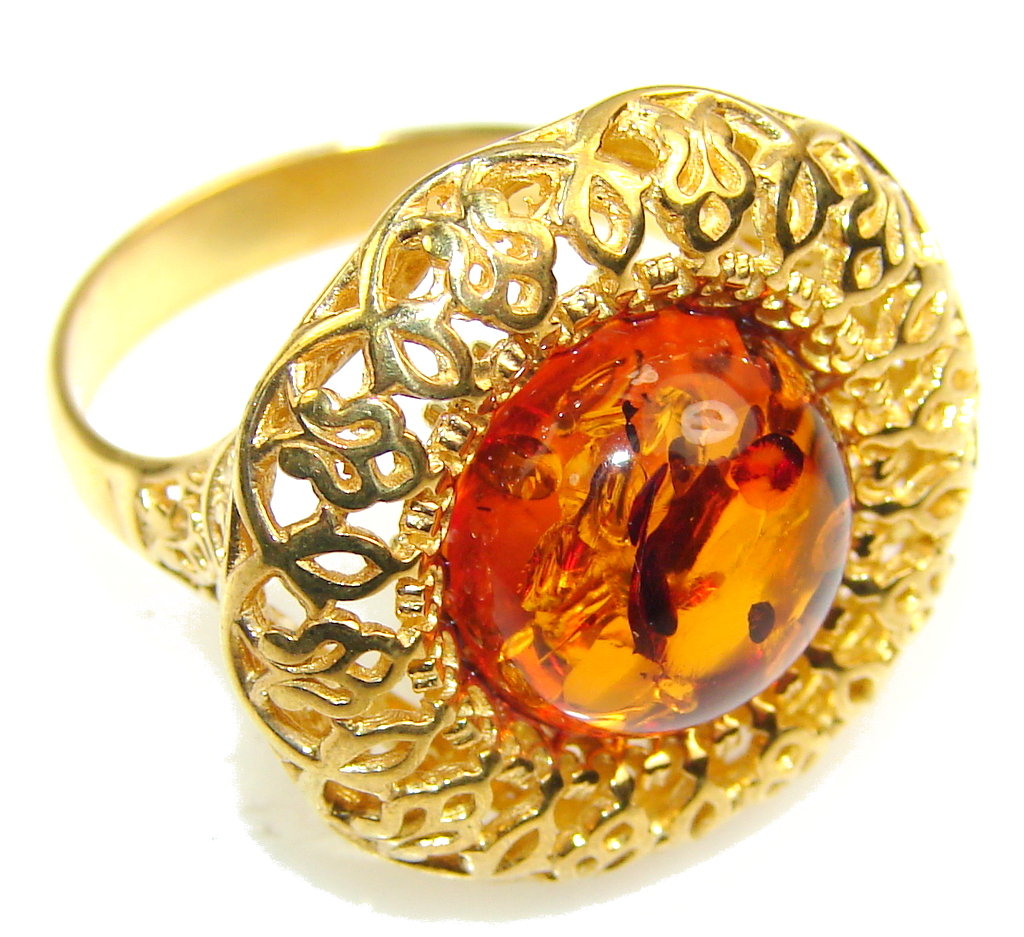 Beautiful 14ct. Gold Plated Polish Amber Sterling Silver Ring s. 9 1/4