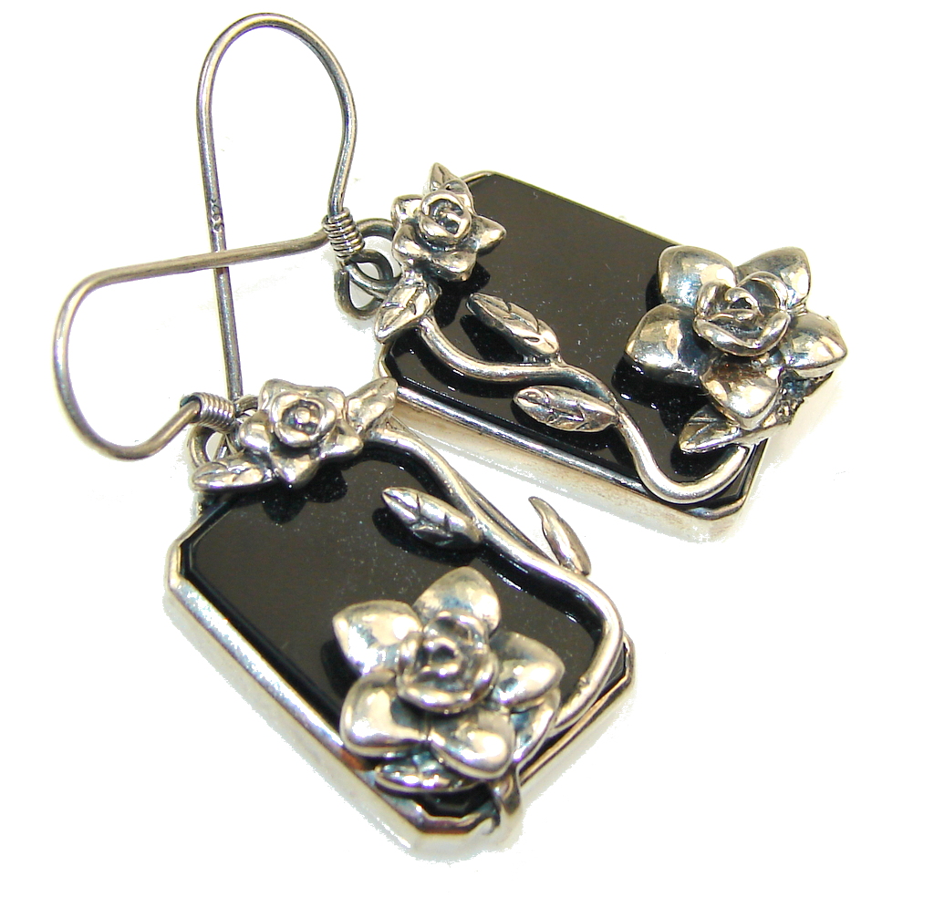 Flower Design!! Black Onyx Sterling Silver earrings