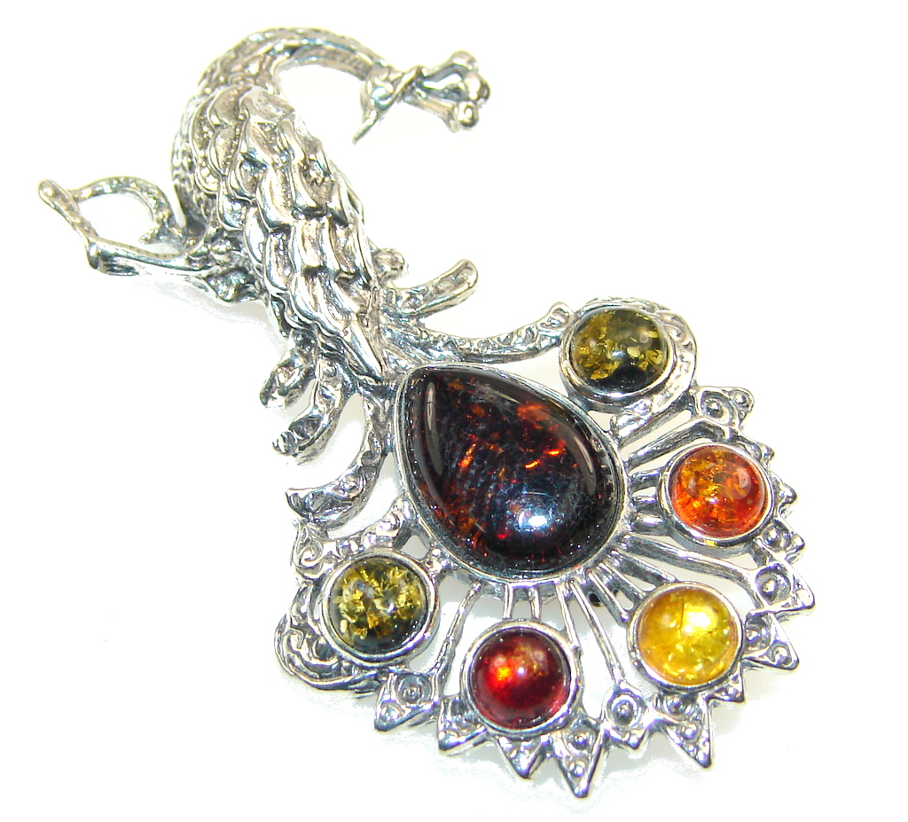 Amazing Multicolor Polish Amber Sterling Silver Pendant / Brooch