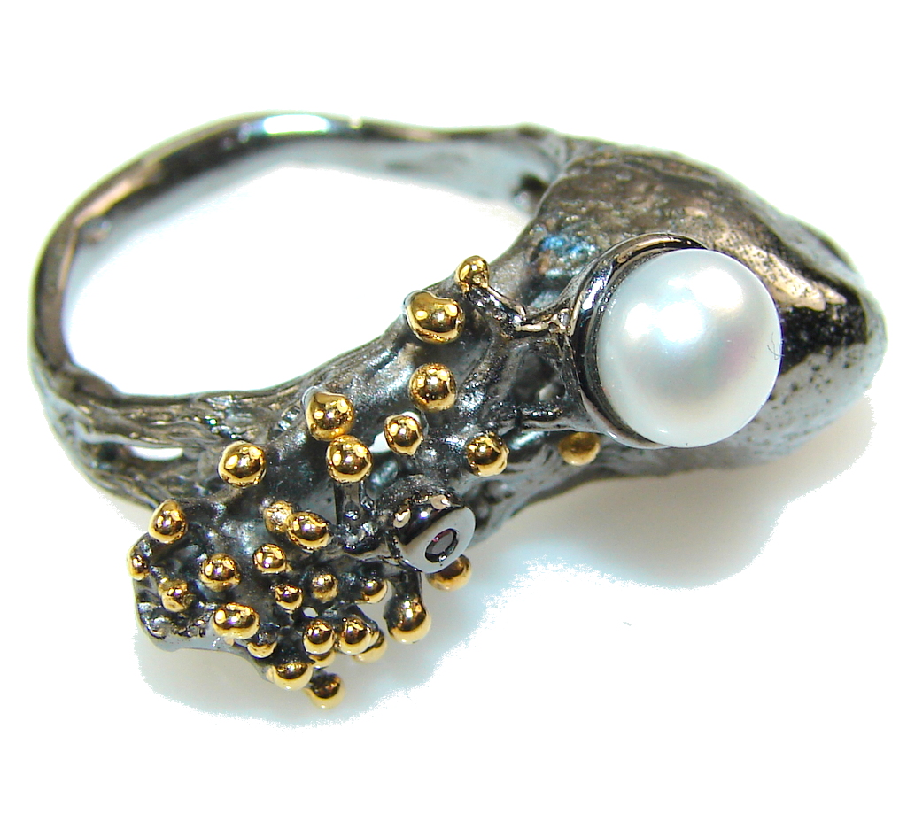 Amazing Italy Made Fresh Water Pearl Rhodium Plated Sterling Silver ring; 8 1/2