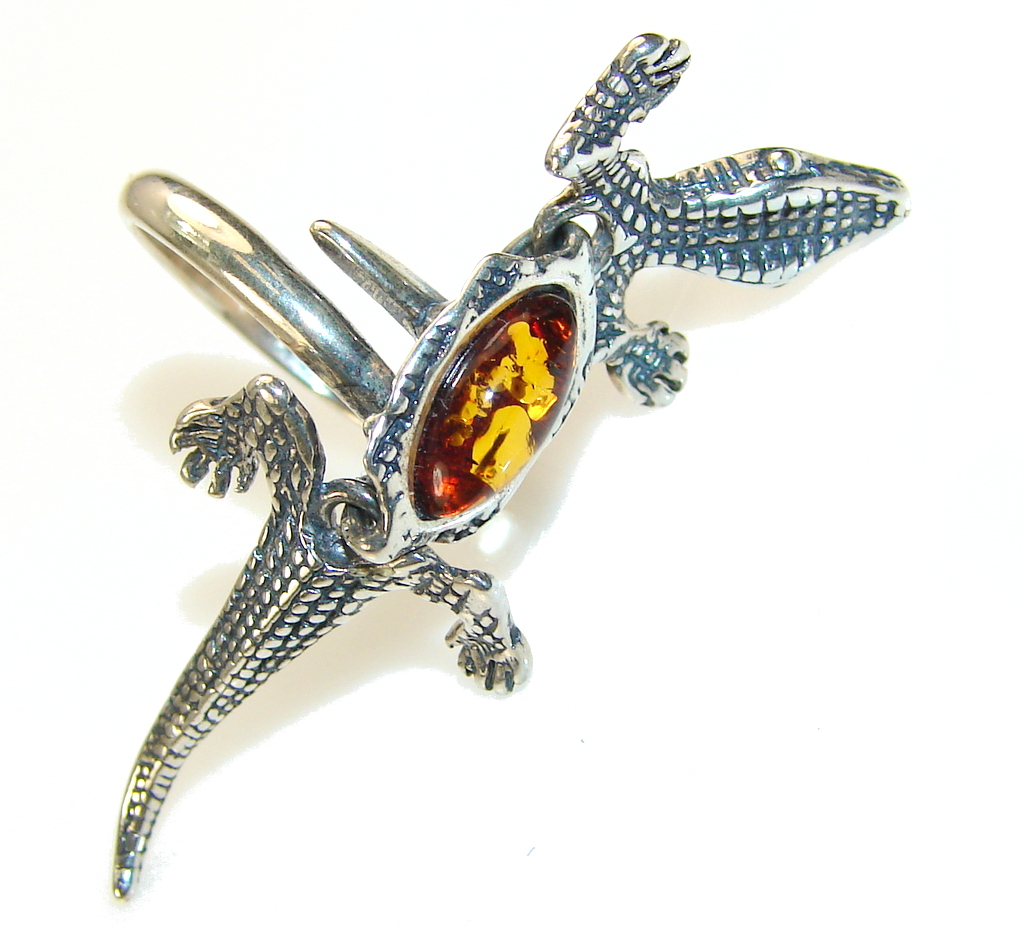 Fabulous Design! Alligator Polish Amber Sterling Silver Ring s. 7