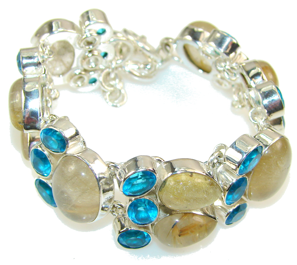 Natural Golden Rutilated Quartz Sterling Silver Bracelet