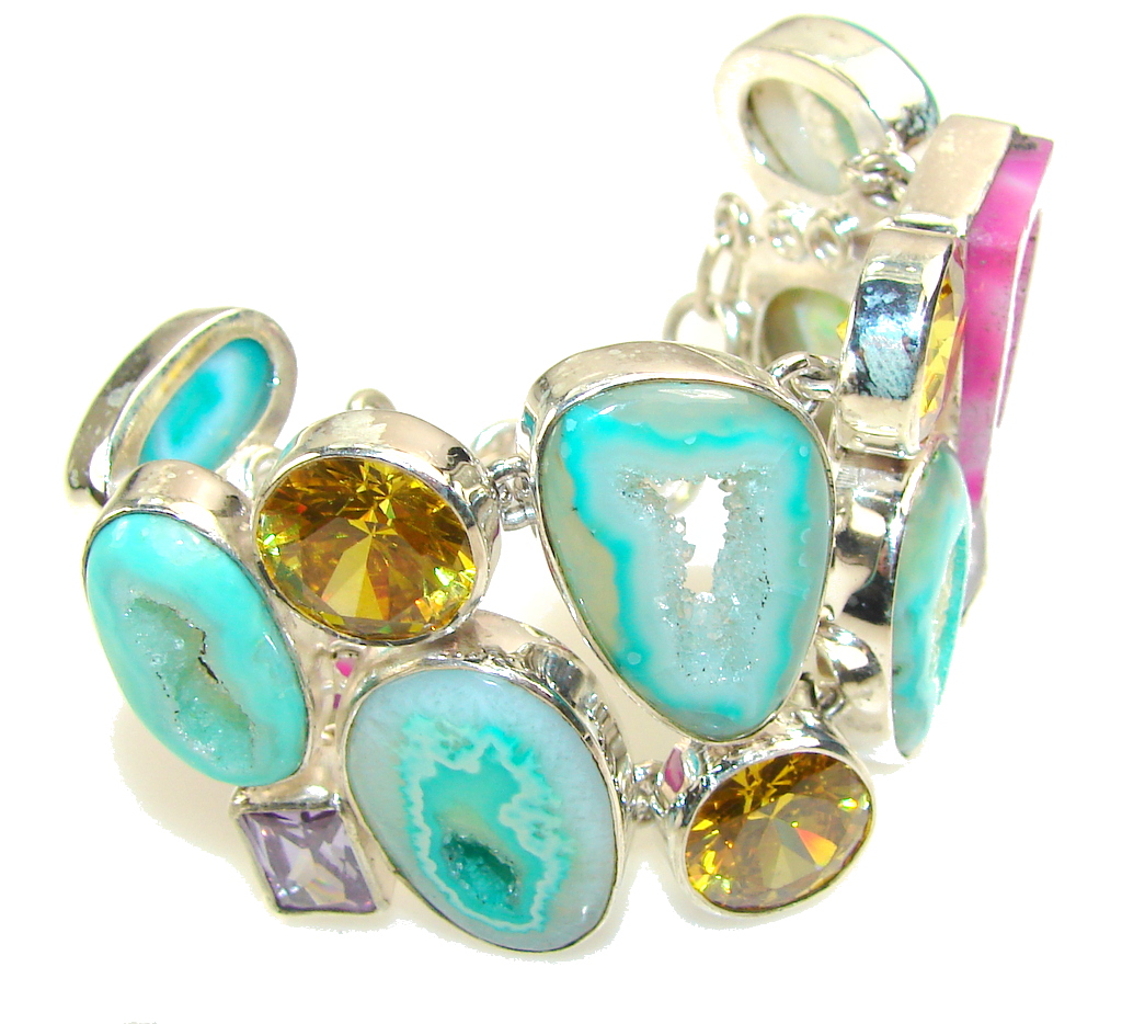 Multicolor Secret!! Agate Druzy Sterling Silver Bracelet