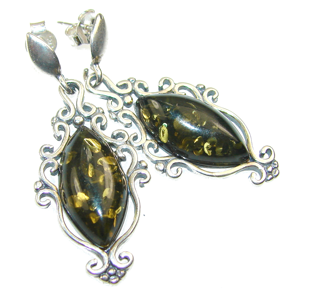 Beautiful Green Polish Amber Sterling Silver earrings