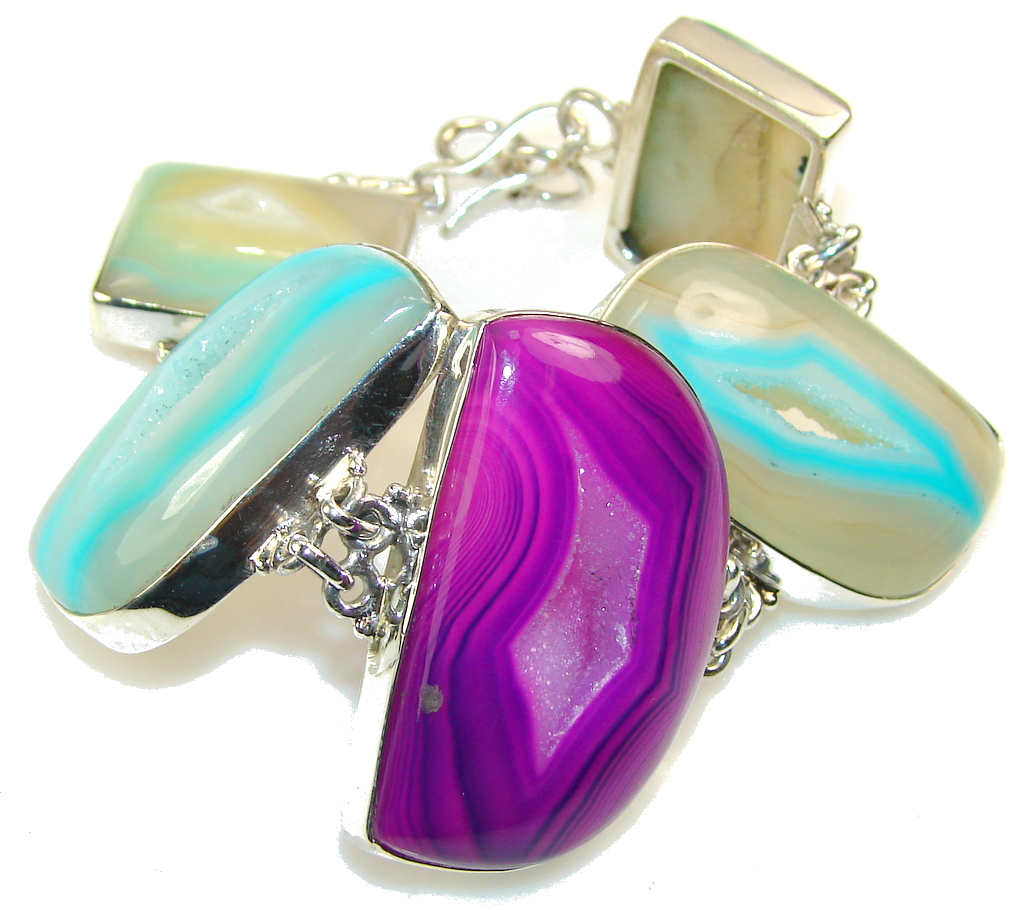 Aura Of Beauty!! Multicolor Agate Druzy Sterling Silver Bracelet