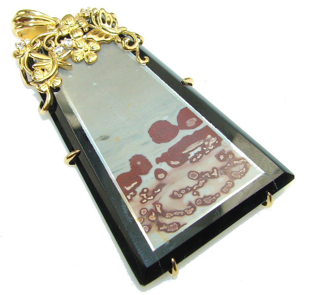 Awesome Design Silver Leaf Jasper & Onyx 18ct. Gold Plated Sterling Silver Pendant