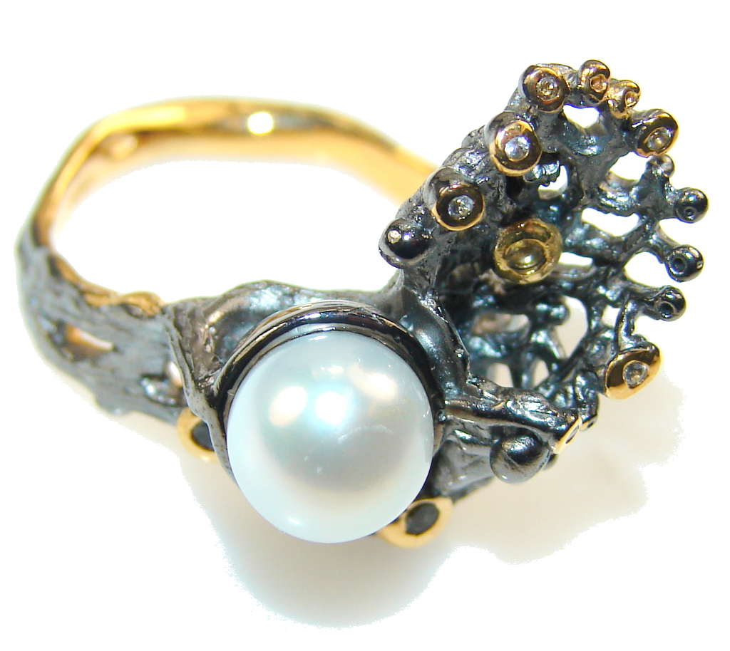 Delicate Italy Made Fresh Water Pearl Rhodium Plated 18ct Gold Sterling Silver ring; 8