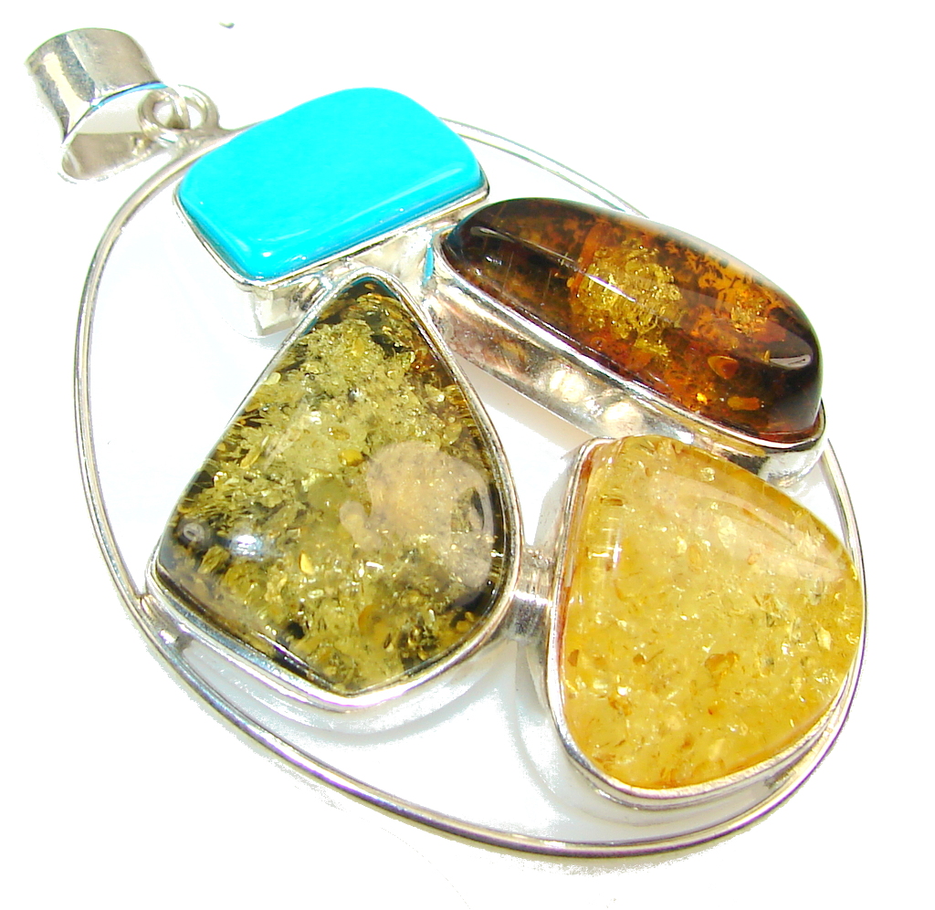 New Design!! Multicolor Polish Amber & Turquoise Sterling Silver Pendant