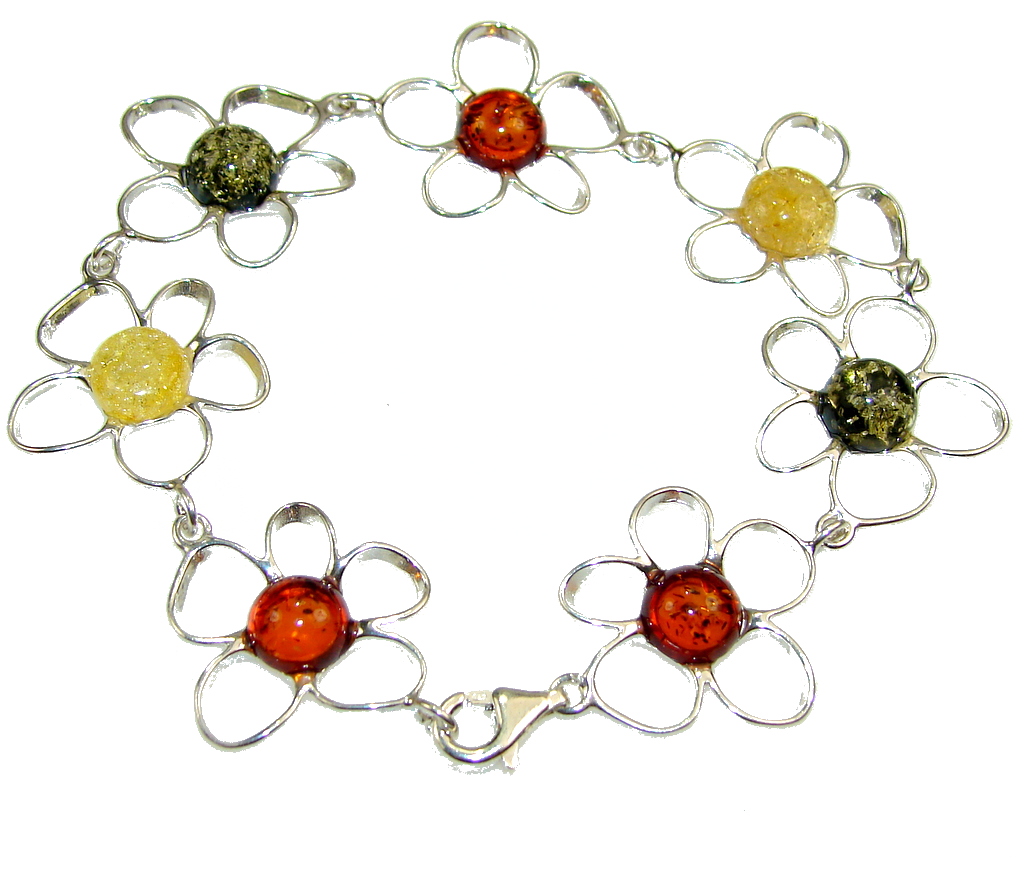 Beautiful Multicolor Polish Amber Sterling Silver Bracelet