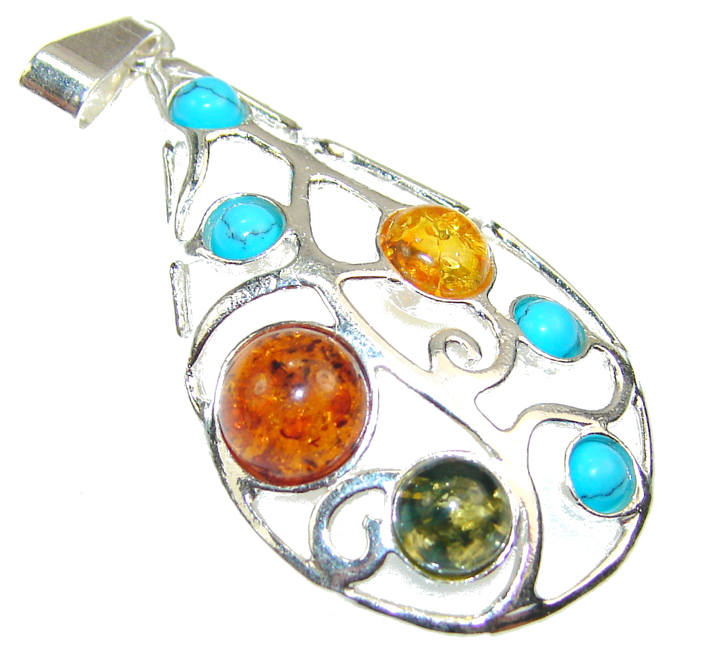 Amazing Multicolor Polish Amber Sterling Silver Pendant