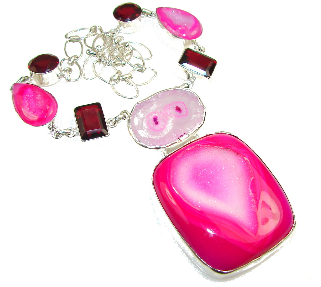 Awesome Color Of Pink Agate Druzy Sterling Silver necklace