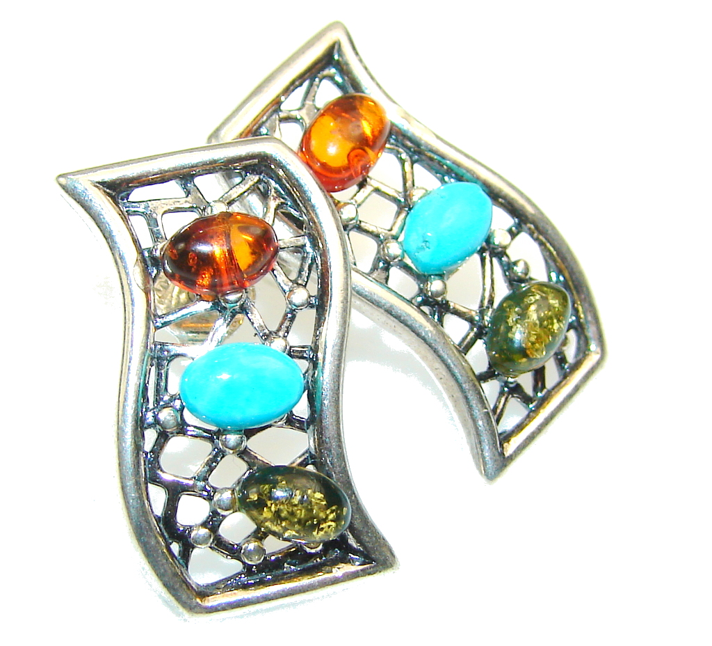 Beautiful Multicolor Polish Amber & Turquoise Sterling Silver earrings
