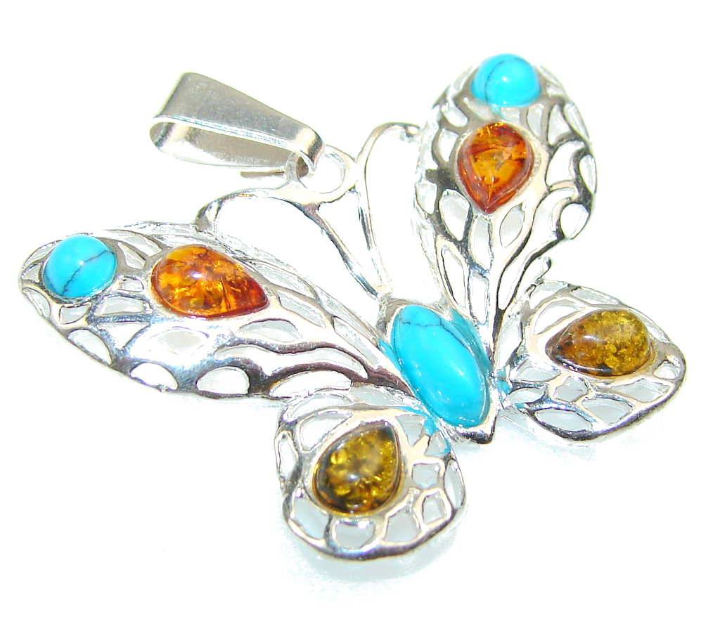 Awesome Butterfly Polish Amber & Turquoise Sterling Silver Pendant