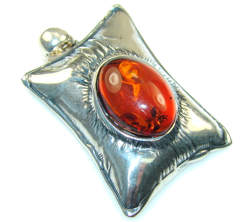 Beautiful Brown Polish Amber Sterling Silver Pendant