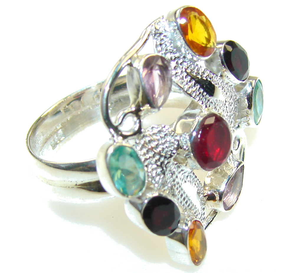 Awesome Multicolor Quartz Sterling Silver Ring s. 10 1/4