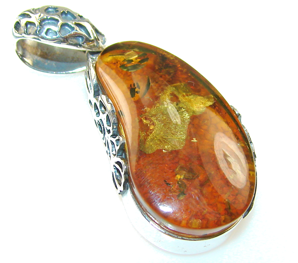 Natural Brown Polish Amber Sterling Silver Pendant