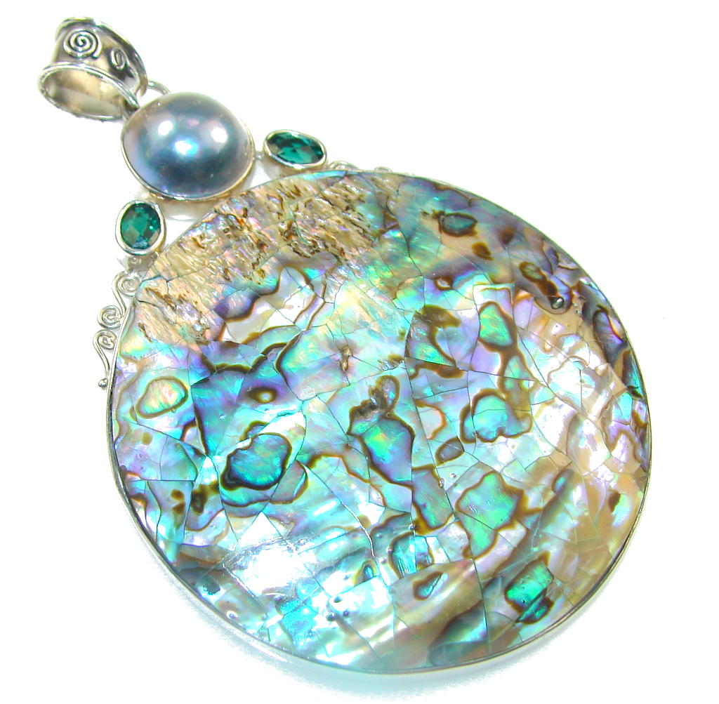 Giant!! Beautiful Rainbow Abalone Sterling Silver Pendant