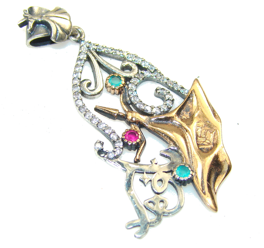 Beautiful Green Emerald Two Tones Sterling Silver Pendant