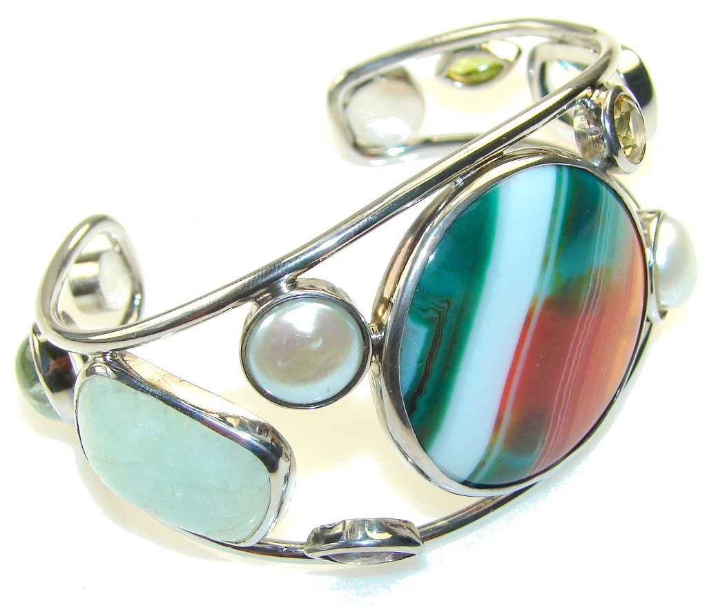 Excellent Genuine Botswana Agate Sterling Silver Bracelet / Cuff