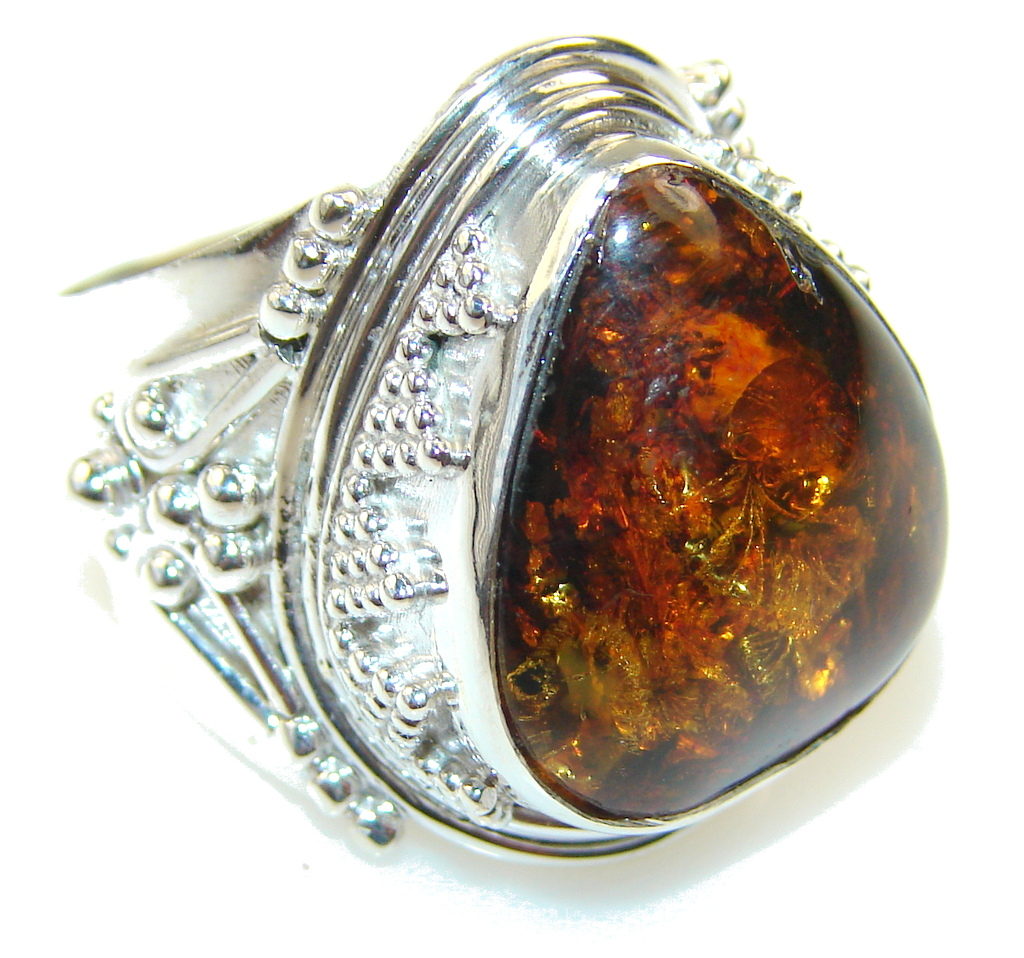 Awesome Brown Polish Amber Sterling Silver Ring s. 8 1/2