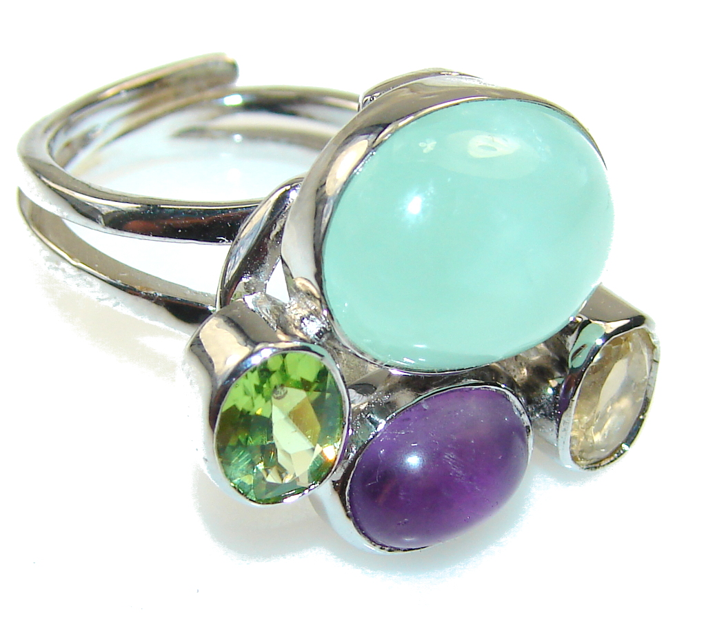 New Green-Blue Aquamarine Sterling Silver Ring s. 8 - Adjustable