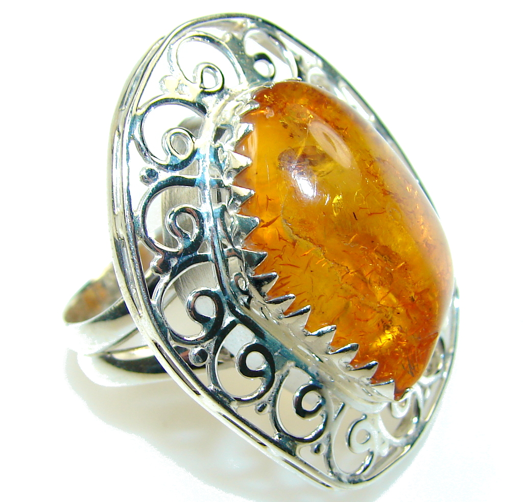 Excellent Brown Amber Sterling Silver Ring s. 10 1/2