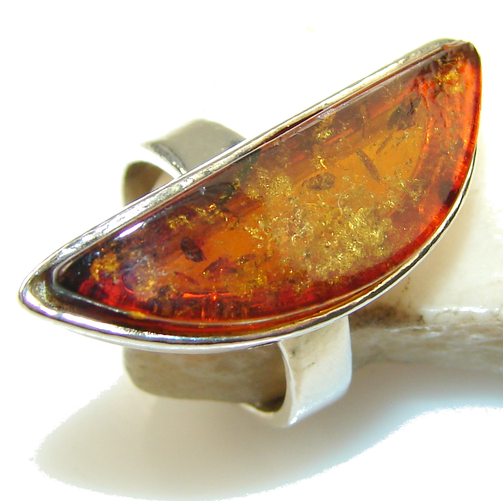 Big! Secret Brown Polish Amber Sterling Silver Ring s. 6