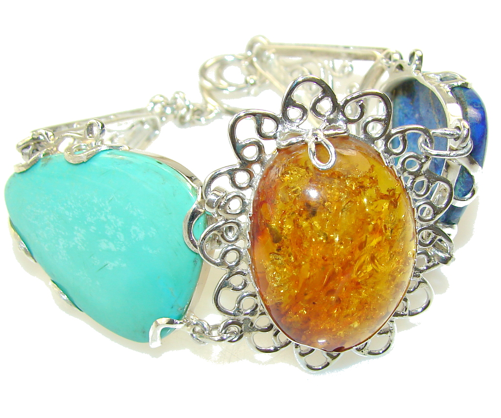 New Design!! Brown Polish Amber Sterling Silver Bracelet