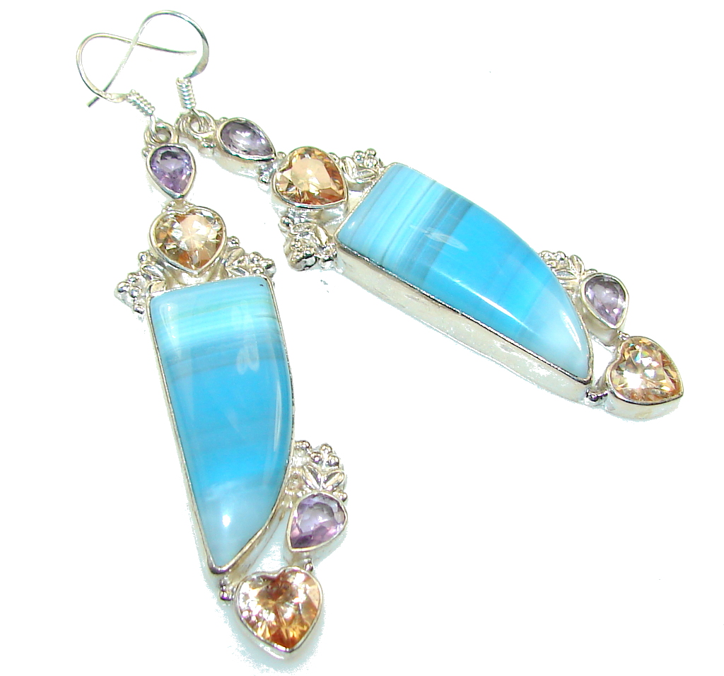 Big!! Fantastic Blue Botswana Agate Sterling Silver earrings / Long