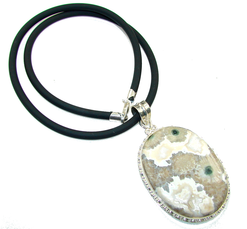 Great Impression!! Ocean Jasper & Leather Sterling Silver necklace