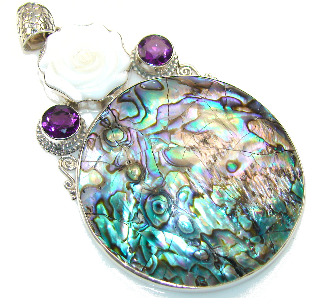 Giant!! Beautiful Rainbow Abalone Sterling Silver Pendant