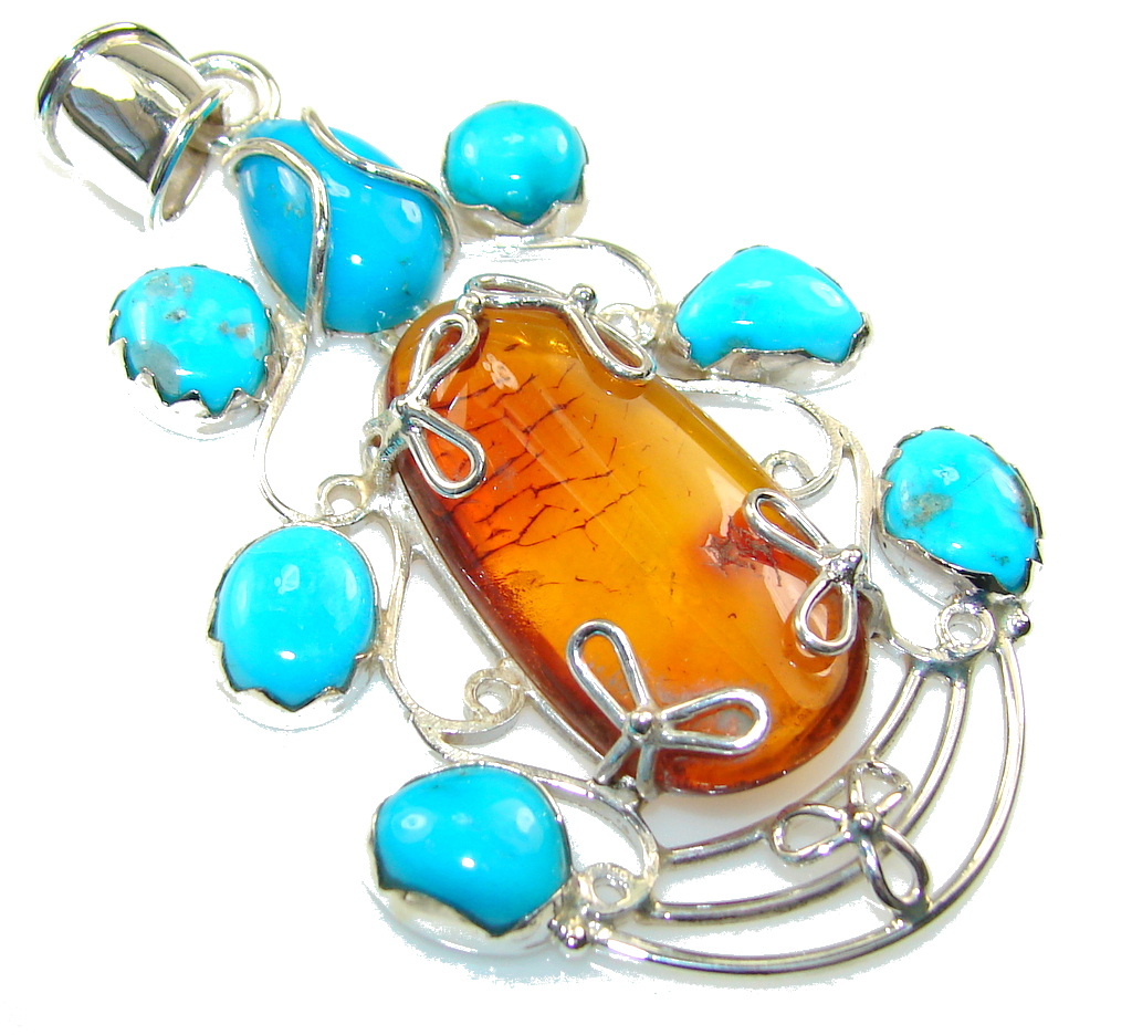 Big!Awesome Design!! Polish Amber Sterling Silver Pendant