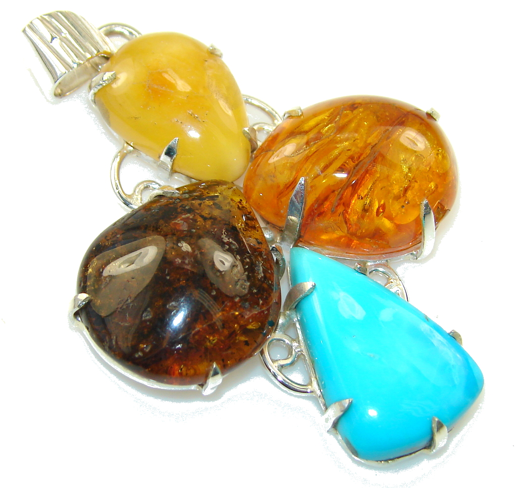 Gorgeous Design!! Polish Amber & Turquoise Sterling Silver Pendant