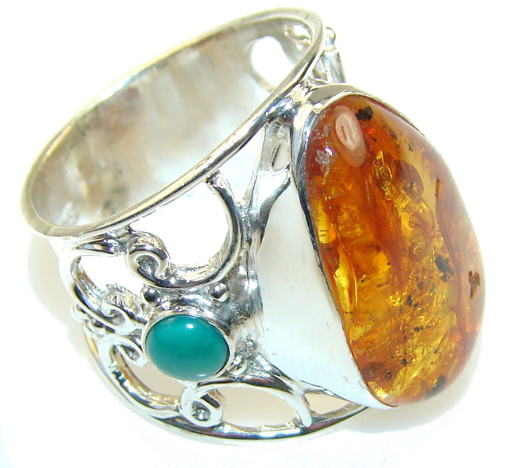 Awesome Polish Amber & Turquoise Sterling Silver Ring s. 9 1/4