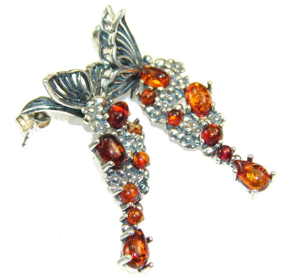 Amazing Design!! Brown Polish Amber Sterling Silver earrings