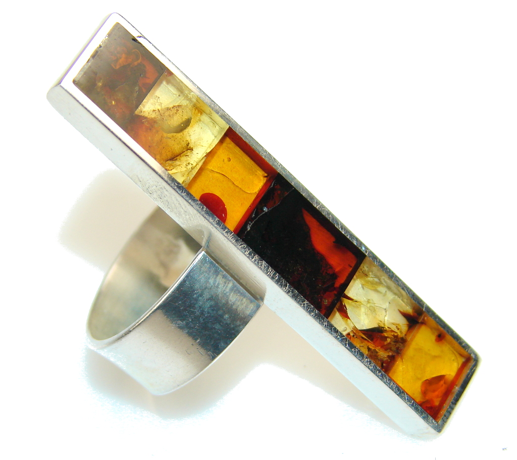 Beautiful Mosaic Polish Amber Sterling Silver Ring s. 9