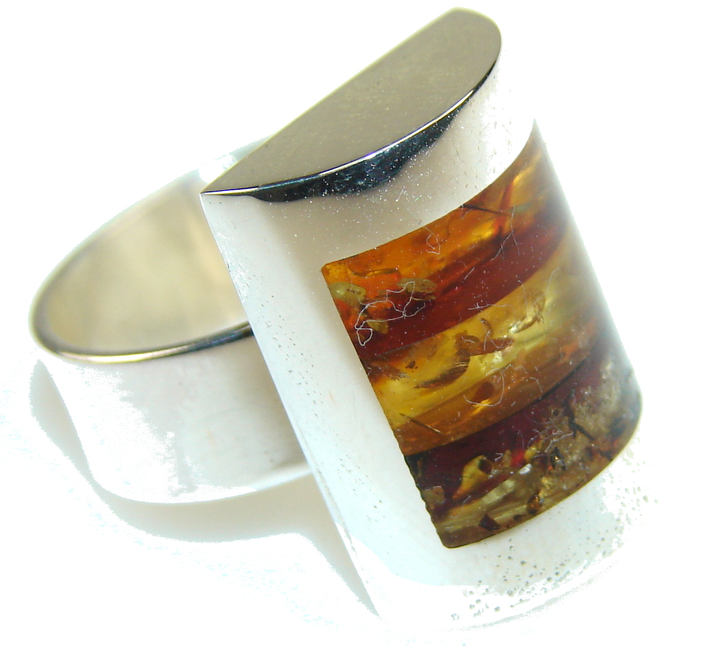 Fabulous Mosaic Polish Amber Sterling Silver Ring s. 8
