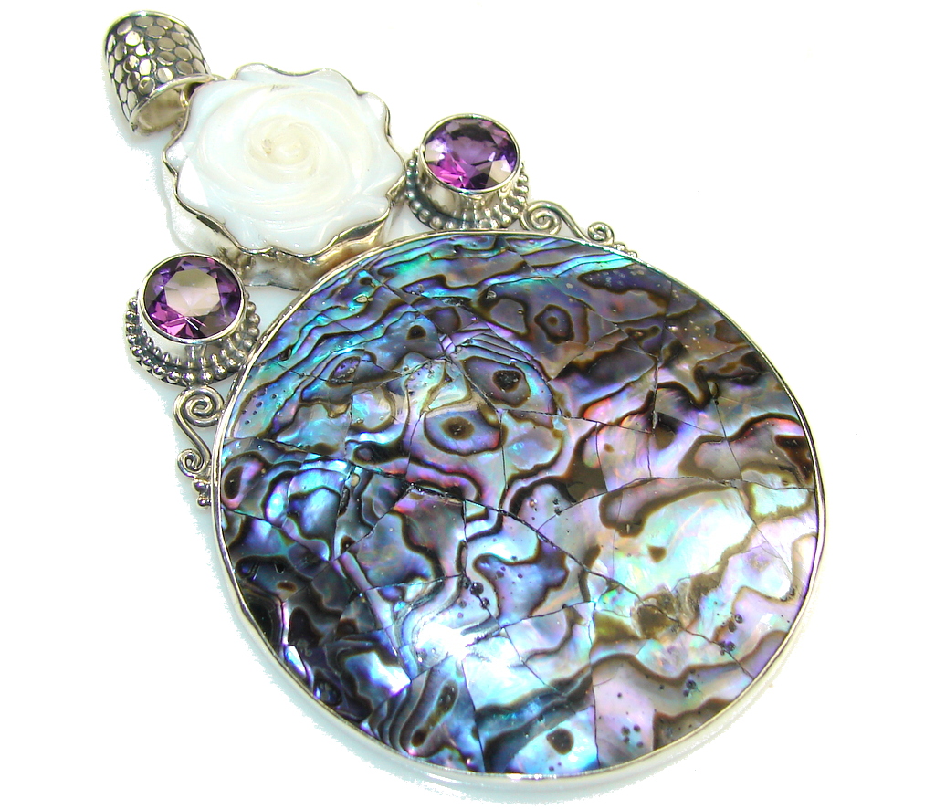 Giant!! Beautiful Rainbow Abalone Sterling Silver Pendant