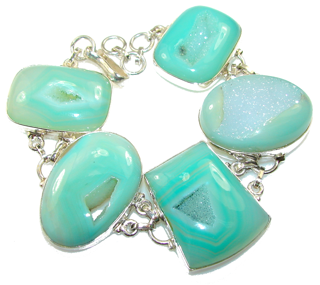 Stylish Green Agate Druzy Sterling Silver Bracelet