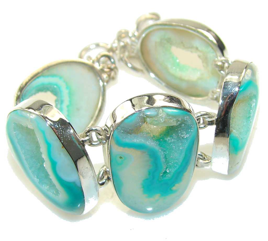 Classy Green Agate Druzy Sterling Silver Bracelet
