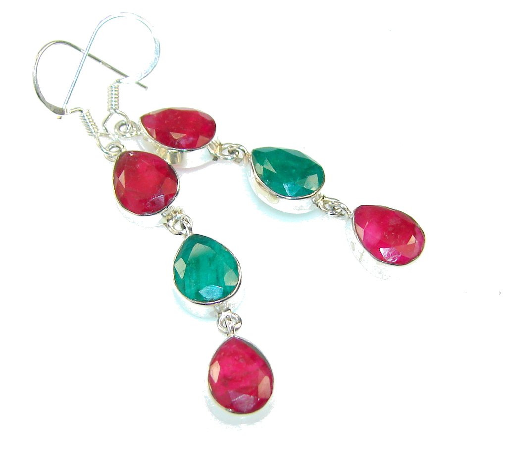 Delicate Green Emerald & Ruby Sterling Silver earrings
