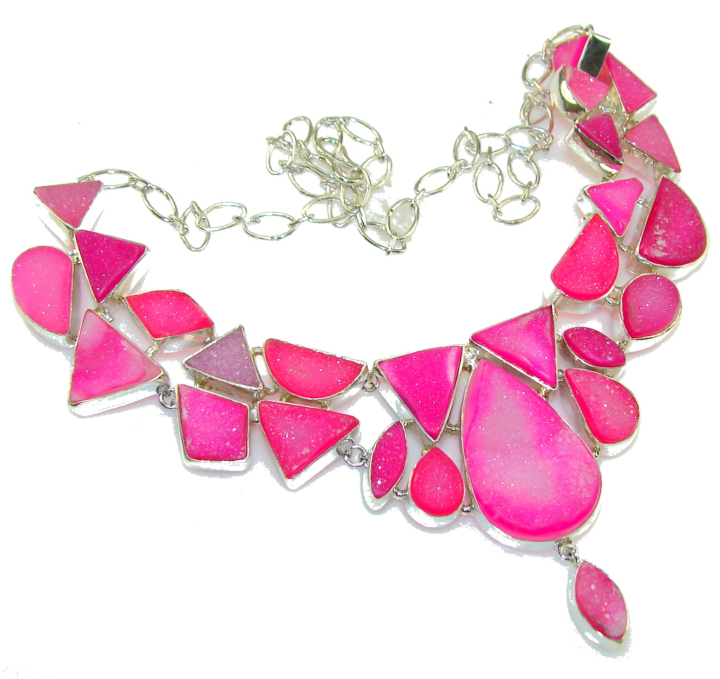 Princess Style Pink Druzy Agate Sterling Silver necklace