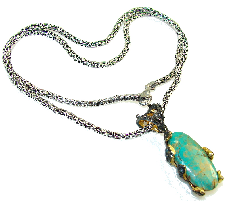 New Design!! Green Turquoise, Rhodium Plated, 18ct Gold Plated Sterling Silver necklace