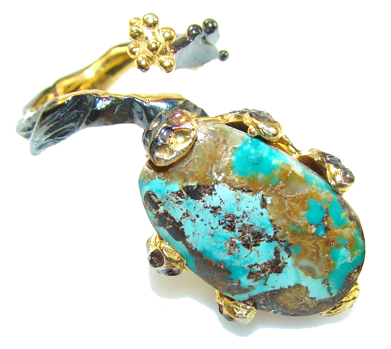 Stylish Blue Copper Turquoise, Rhodium Plated, 18ct Gold Plated Sterling Silver Ring s. 6