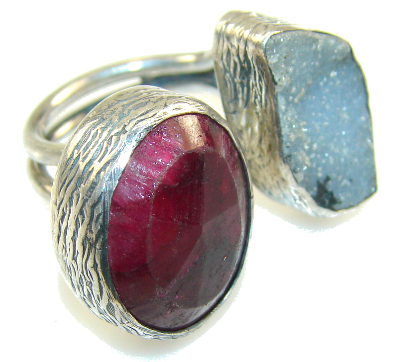 New Vintage!! Ruby & Druzy Sterling Silver Ring s. 8 -Adjustable