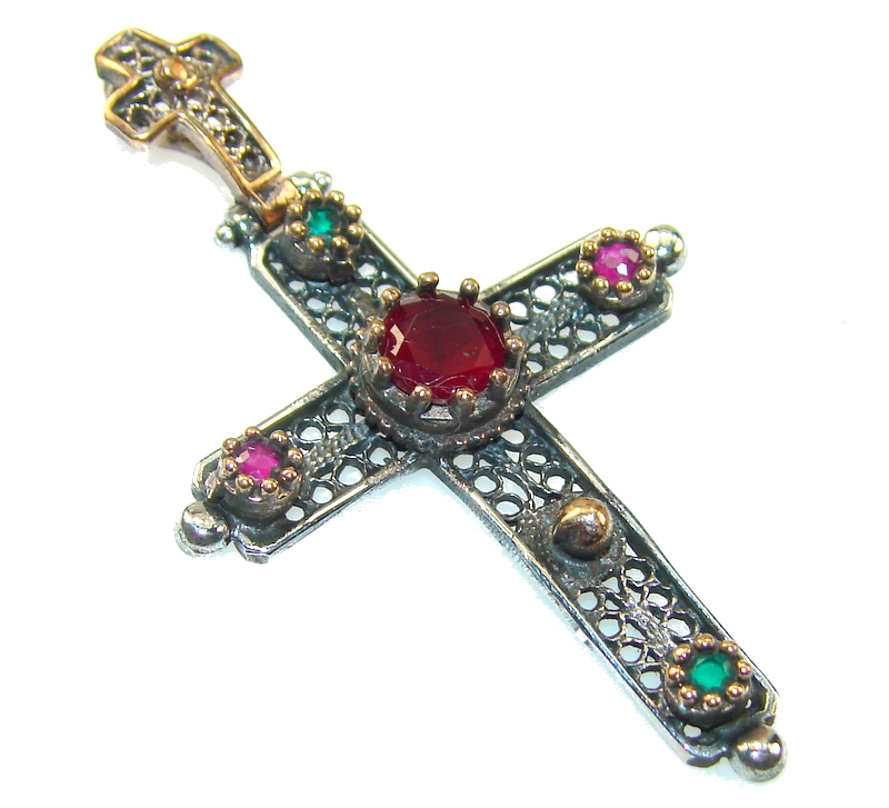 Turkish Red Ruby Sterling Silver Pendant / Cross